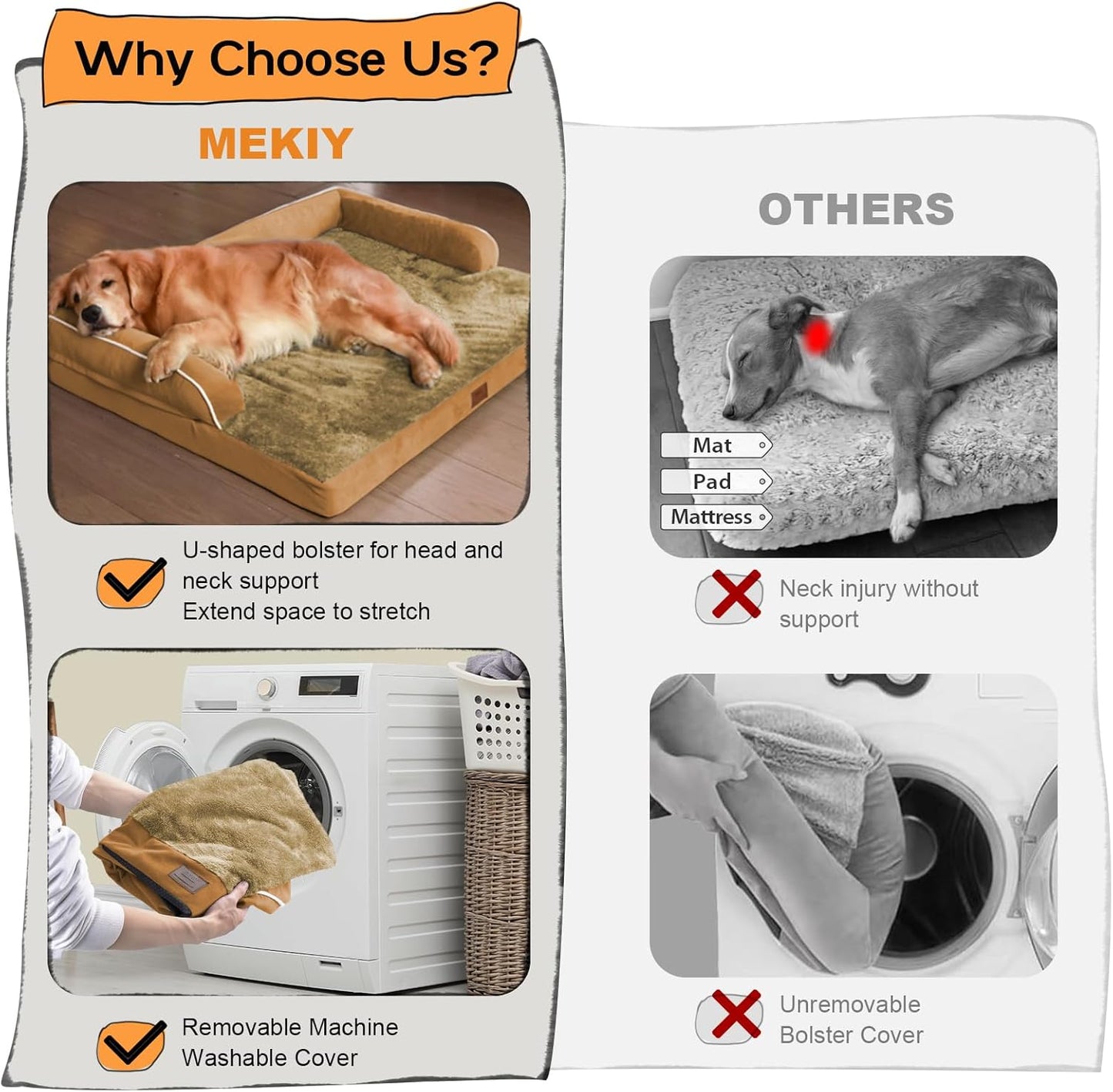 Large Dog Bed Orthopedic Washable, Dog Beds for Large Dogs, Washable Cover Removable Bolster and Non-Slip Bottom Jumbo Orthopedic Orange Dogs Beds, XXLarge Extra Large Pets