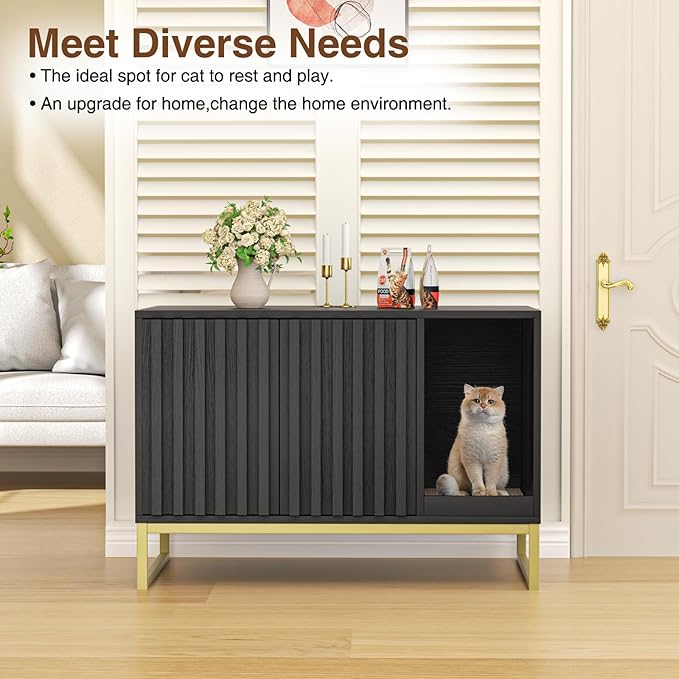 Litter Box Enclosure, Modern Cat Litter Box Furniture Hidden Litter Box with Scratch Pad, Cat Washroom House End Table, Entryway Bench for Livingroom (Black)
