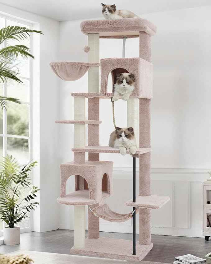 Cat Tree for Indoor Cats Large Adult, 70.5'' Cat Tower with Scratching Post, Sturdy Steel Pube Cat Tree Tower with Large Playing Platfrom, Hammock and Basket, Top Perch, Mushroom GCT024MU