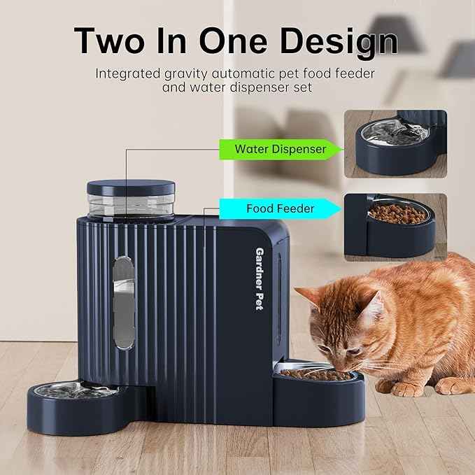 Gardner Pet Automatic Gravity Cat Food Feeder and Water Dispenser Stainless Steel Two-in-One Set Large Capacity Dispenser for Pets Dogs, Puppies, Kittens-(0.8 Gallons x 2)