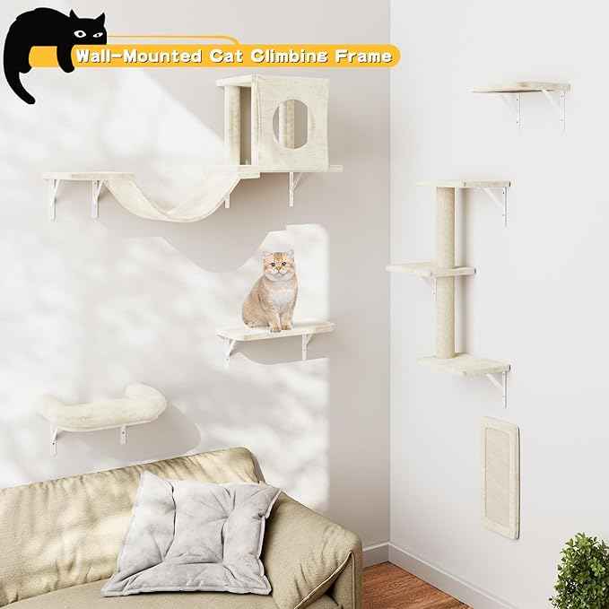 NUNU LAB Wall Mounted Cat Wall Shelves, 12-in-1 Cat Wall Climber with Condos House, Scratching Post, Bridge Ladder, Indoor Space-Saving Furniture for Kittens Play, Beige