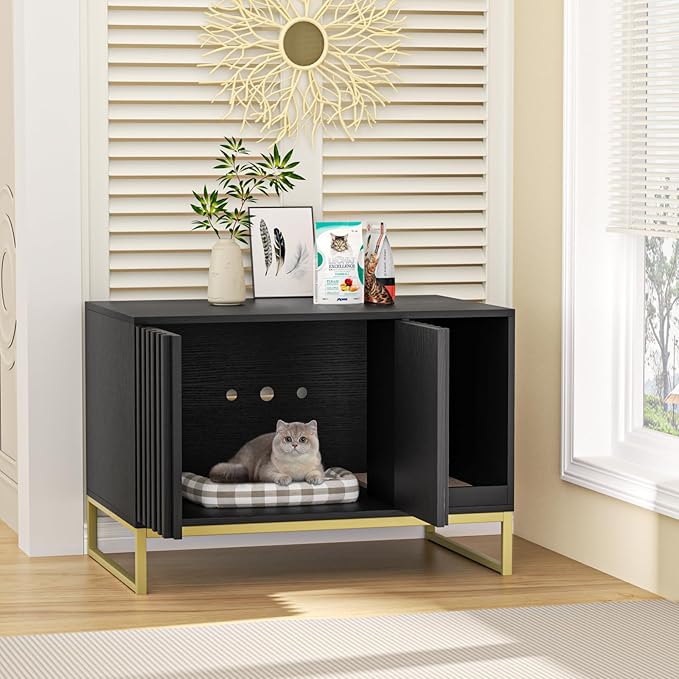 Litter Box Enclosure, Modern Cat Litter Box Furniture Hidden Litter Box with Scratch Pad, Cat Washroom House End Table, Entryway Bench for Livingroom (Black)