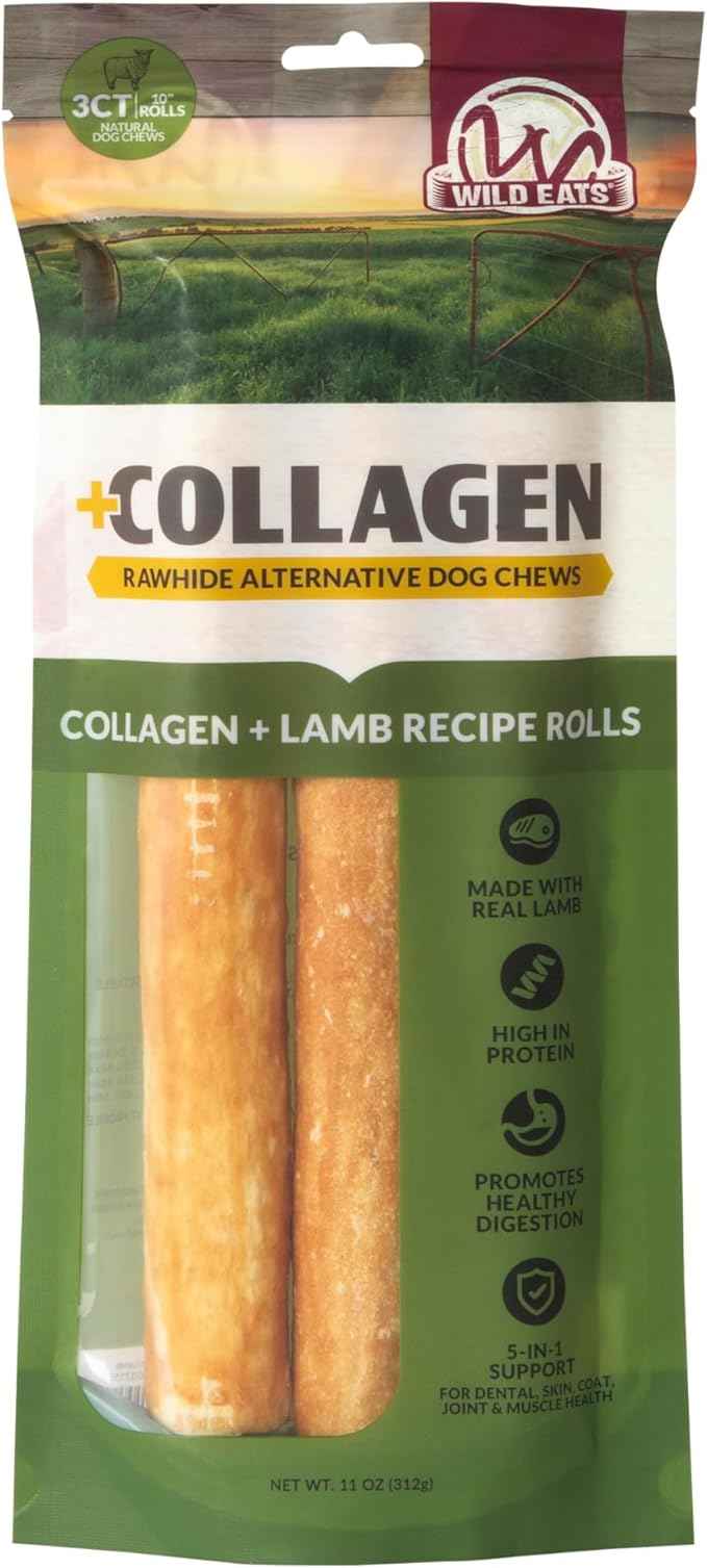 Wild Eats Lamb Flavor Collagen Retriever Style Cheek Rolls 10" Dog Chews-3 Pack (Long Lasting Dog Chews Treats & Bones for Medium Dogs) Substitute for Pig Ears for Dogs
