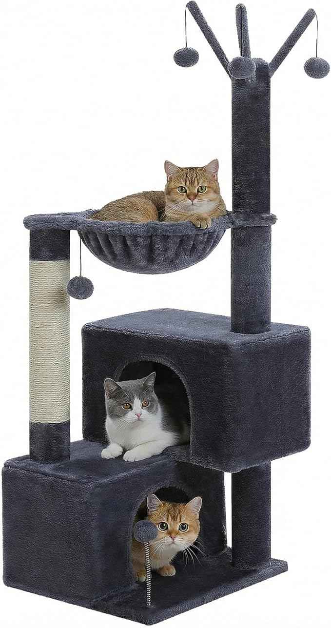 Cat Tree 45" for Indoor Cats, Compact Cat Tower with 2 Condos, Hammock Bed & 5 Hanging Ball Toys, Space-Saving Sturdy Cat Condo Furniture for Kittens & Small-Medium Cats
