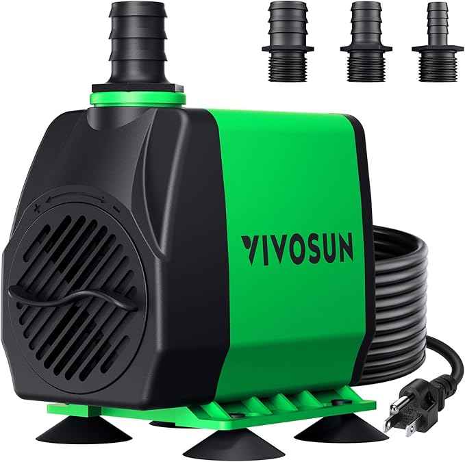 VIVOSUN 800GPH Submersible Pump(3000L/H, 24W), Ultra Quiet Water Fountain Pump with 10ft. High Lift with 6.5ft. Power Cord, 3 Nozzles for Fish Tank, Pond, Aquarium, Statuary, Hydroponics Green