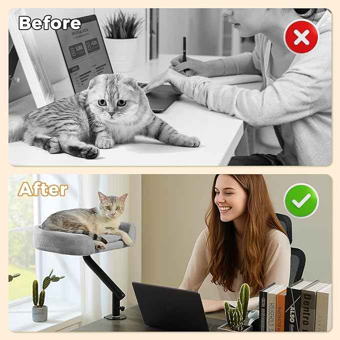 PAWZ Road Cat Desk Bed for Indoor Cats, Cat Bed for Desk Supports Up to 50 lbs, 360° Rotation & Adjustable, Nest Desktop Attachment Cats Hammock for Table, Gray