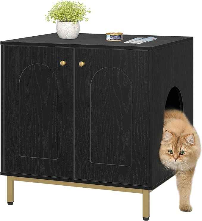 Cat Litter Box Enclosure, Hidden Litter Box Furniture Cabinet, Wooden Indoor Cat House, Side End Table, Living Room, Bedroom, Black and Gold CB81204G