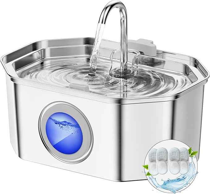 Cat Water Fountain Stainless Steel 108oz/3.2L, APAUK Automatic Pet Fountain Dog Water Dispenser with Water Level Window, Quiet Cat Fountain for Drinking, Inside with Replacement(4 Filters&4 Sponges)