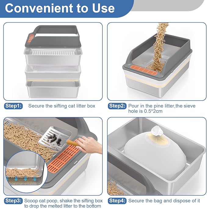 Stainless Steel Sifting Litter Box with Lid, Large Sifting Cat Litter Box for Pine Pellets & Big Cats,Metal Pellet Sifter Litter Pan System for Odor Control,Sifting Box Liners & Scoop