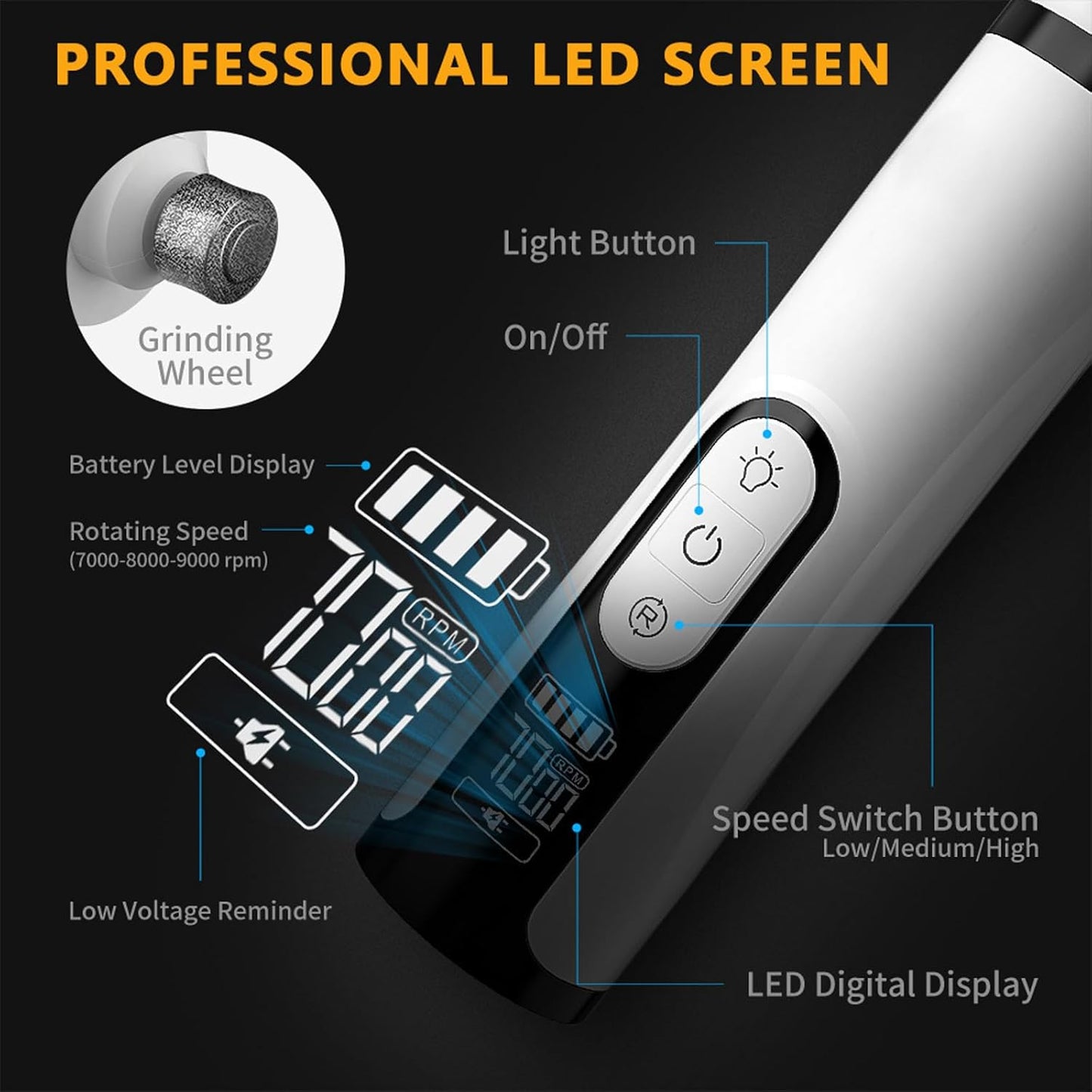 Heusom Silent Groom Pro Nail Grinder Cordless for Small Large Dogs - 3 Speeds Quiet Cat Dog Nail Trimmer with 2 LED Lights, 2000mAh Rechargeable for Thick Nails with Replacement Heads (1pc+1 Head)