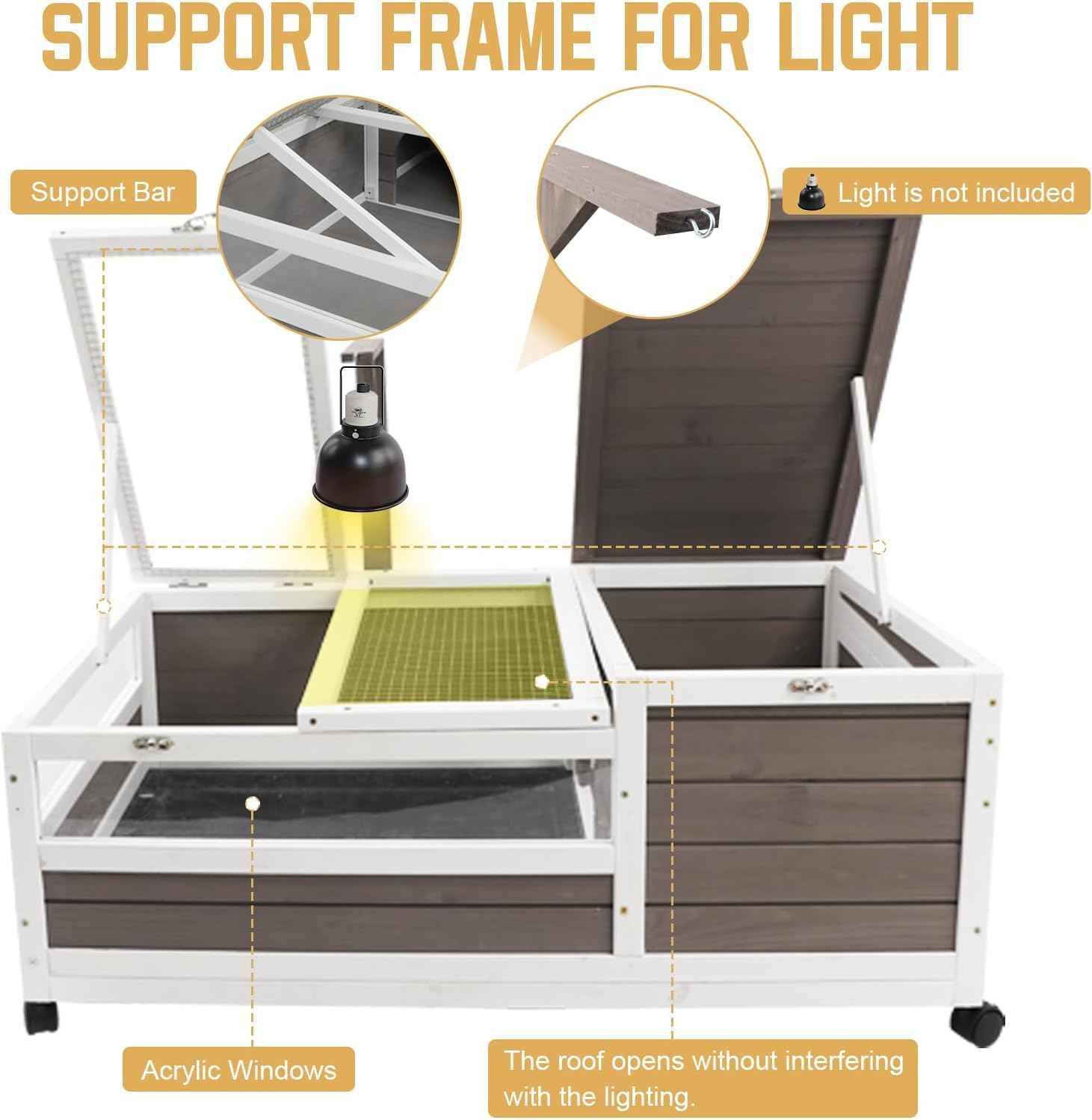 Tortoise Habitat Cage on Wheels with Lamp Stand & Pull-Out Waterproof Tray – Large Wooden Tortoise House, Indoor Outdoor Reptile Enclosure 39''L*23''W*14''H