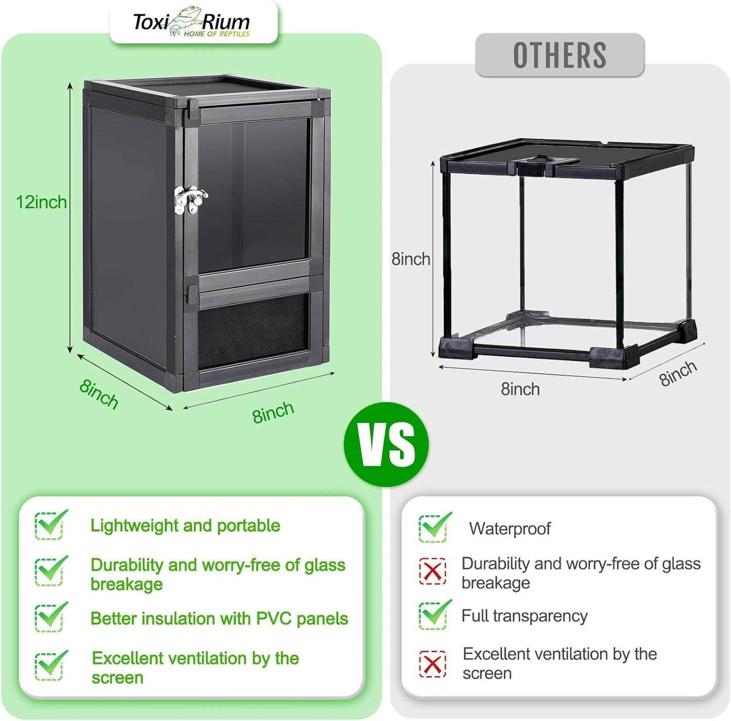 8" x 8" x 12" Small Reptile Cage Hatching Habitat, Screen & Acrylic Doors, Ventilated Terrarium for Lizards, Snakes, Frogs, Easy Assembly, Two Doors - FurryFun