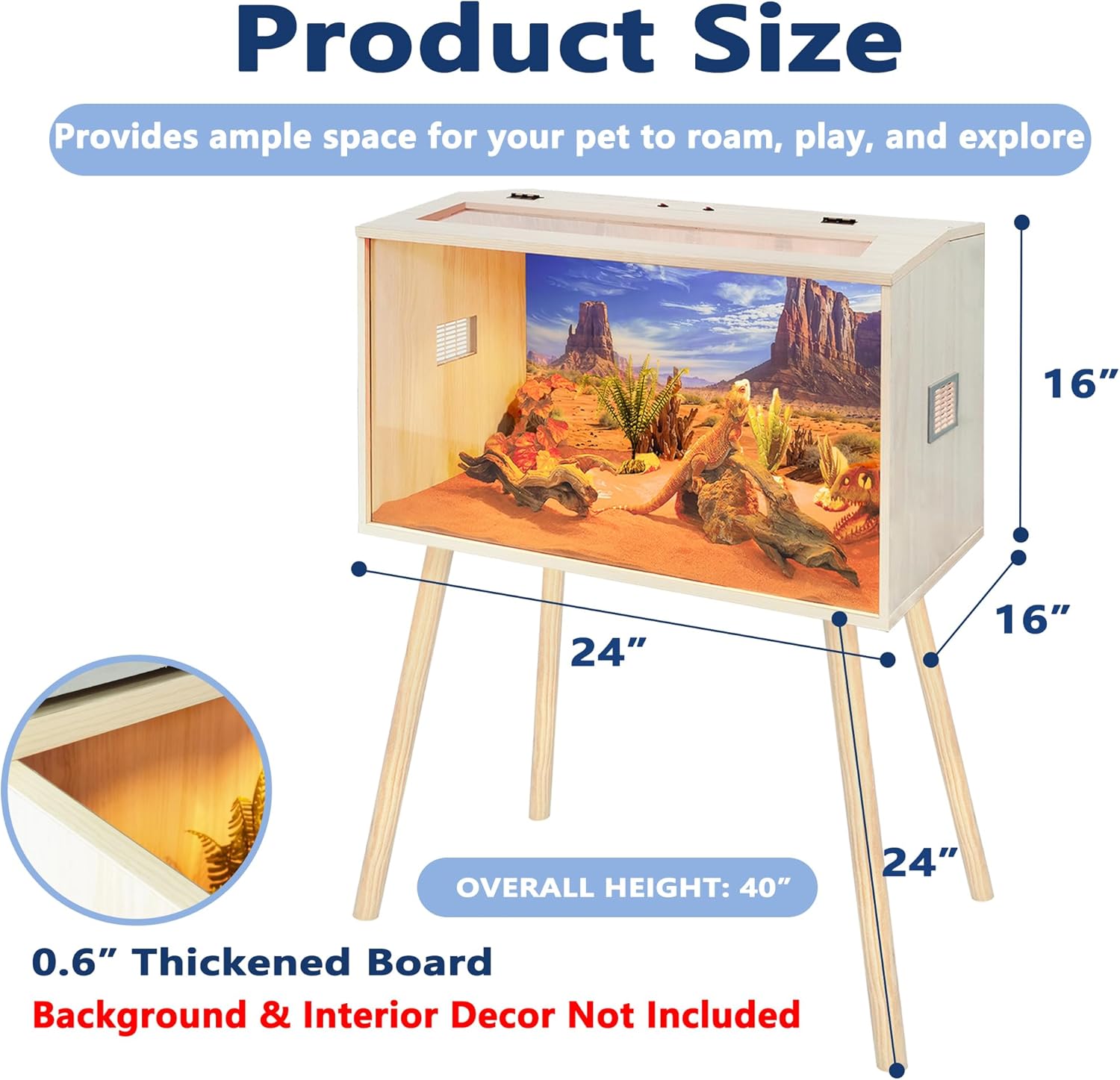Prolee Reptile Terrarium, Lizard Tank Up to 68 Gallons, Bearded Dragon Tank with Roof Door, Snake Tank with Built-in Lamp Fixture and Switch, with Leg Stand (Oak, 21 Gallons, 24" Length) - FurryFun