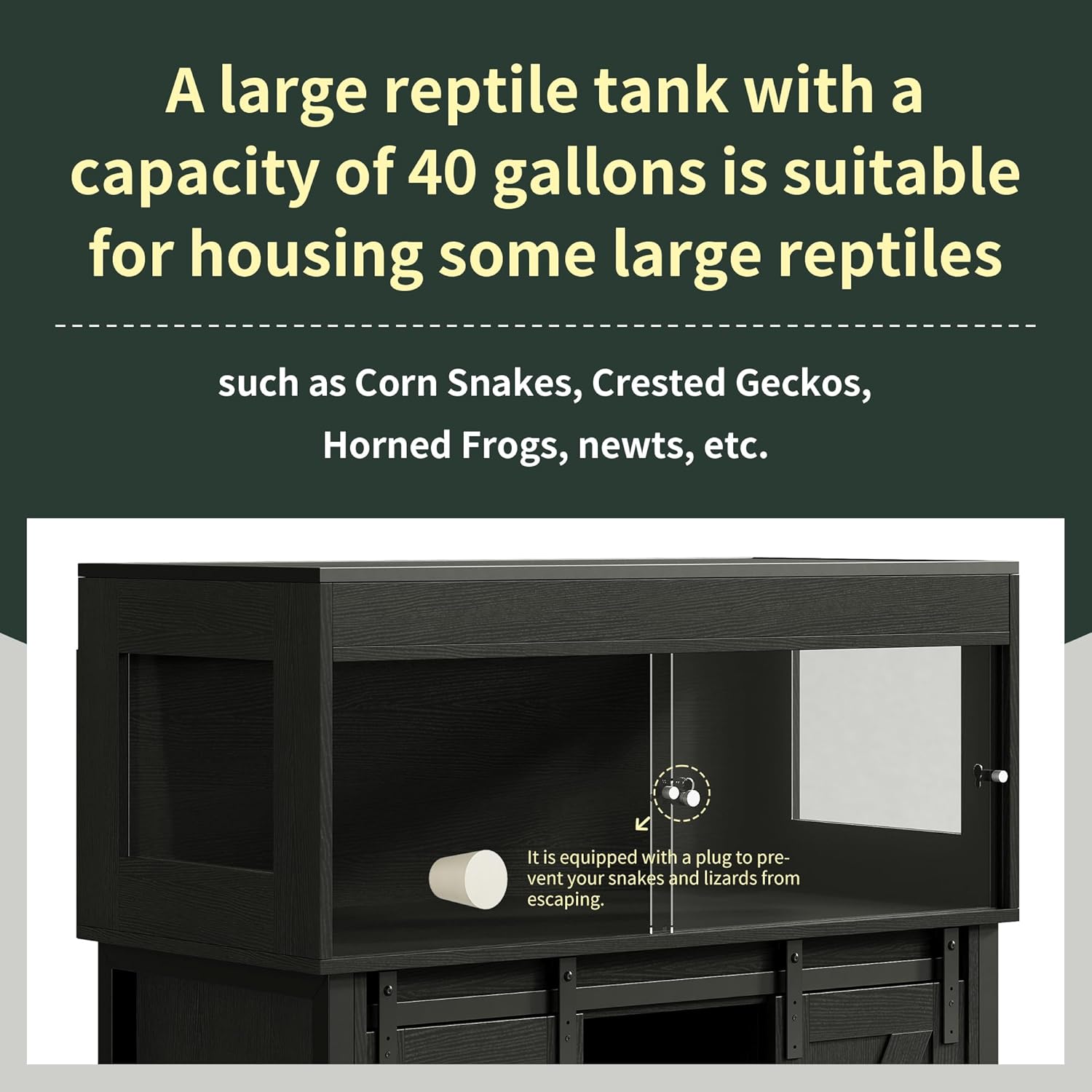 40 Gallon Reptile Terrarium with Stand, Reptile Tank with Barn Door and Storage, Vivarium with Acrylic Doors, Ventilated Mesh Top & Power Outlet, for Geckos, Lizards, Snakes Black PX06RTB - FurryFun