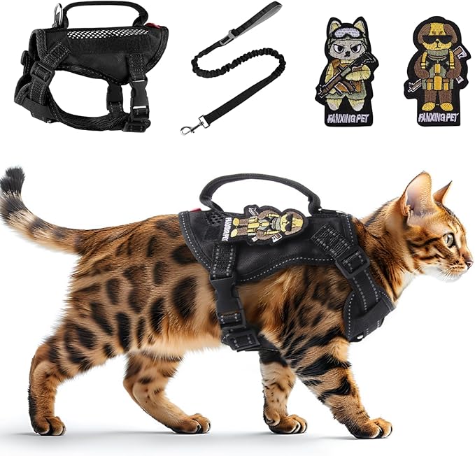Cat Harness and Leash Set for Walking Escape Proof Adjustable Reflective Large Cat Tactical Harness with Patches Breathable Summer Vest Soft Mesh Padding Handle Easy to Control (Black, S)