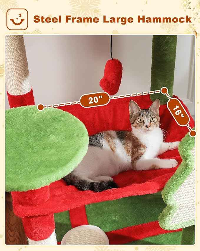 Cat Christmas Tree for Indoor Cats – 56.3“ Cat Proof Christmas Tree Tower with Large Hammock, 3 Scratching Posts & 3 Christmas Toy Balls – Holiday Cat Tree with Festive Decor, Christmas Red