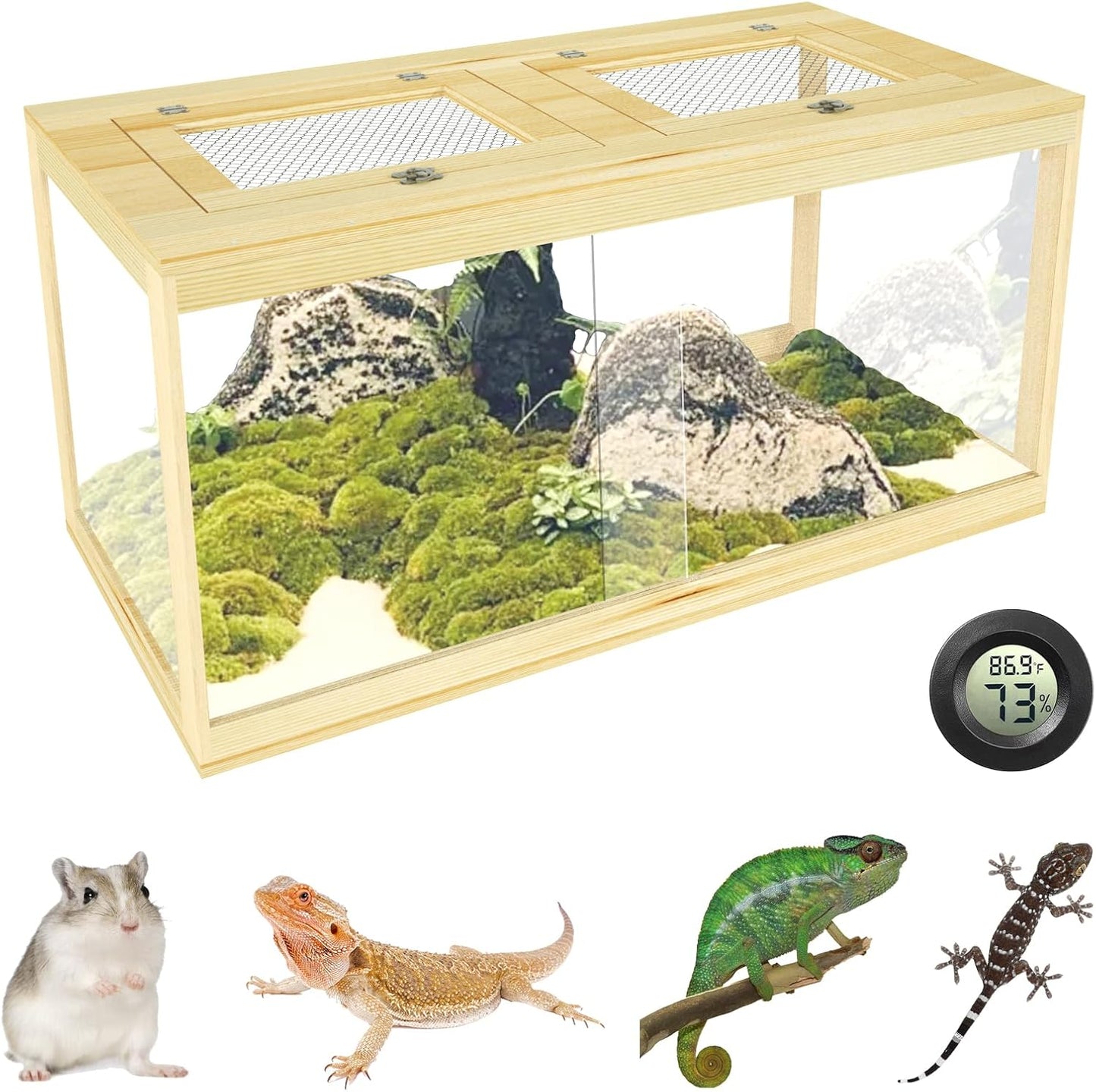 67 Gallon Reptile Tank - 40" Lockable Sliding Door Bearded Dragon & Snake Tank with Metal Mesh Roof, Front Opening Terrarium for Lizards, Leopard Gecko (Wood, 40" x 20" x 20") - FurryFun