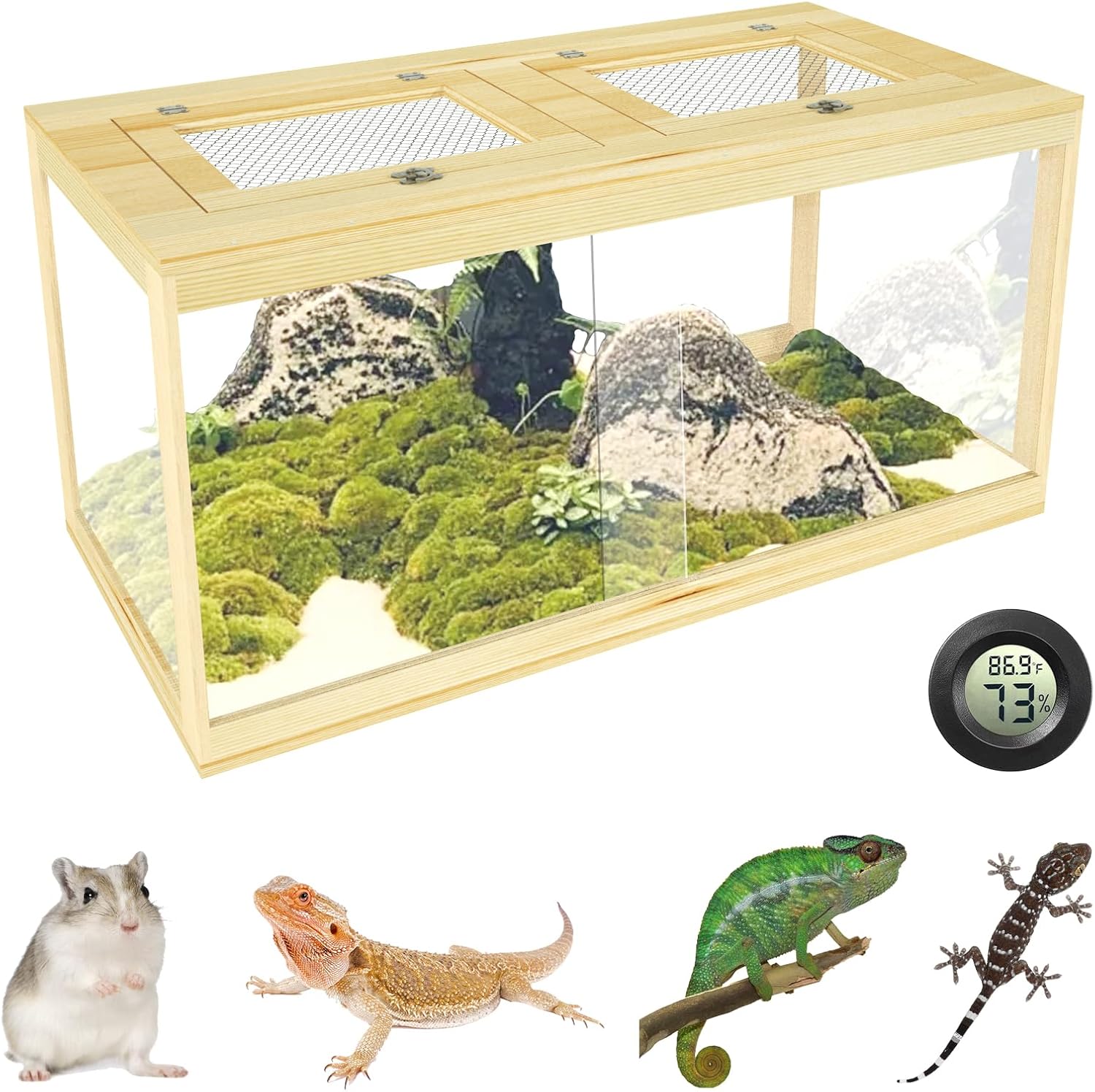 67 Gallon Reptile Tank - 40" Lockable Sliding Door Bearded Dragon & Snake Tank with Metal Mesh Roof, Front Opening Terrarium for Lizards, Leopard Gecko (Wood, 40" x 20" x 20") - FurryFun