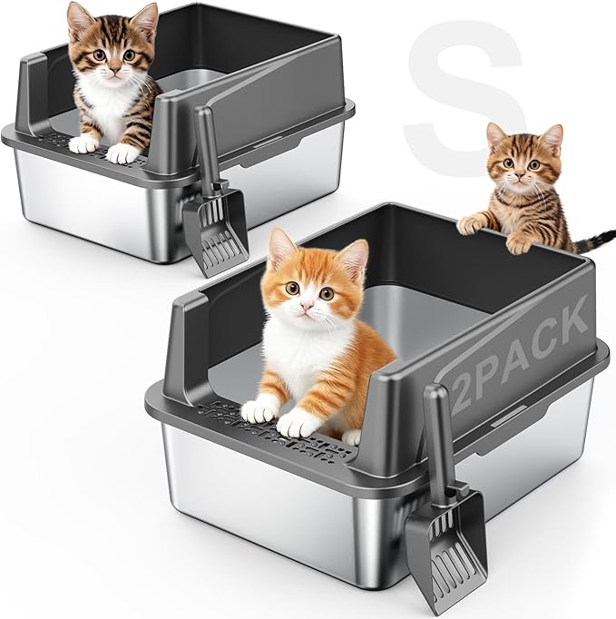 FURTIME 2 Pack Stainless Steel Cat Litter Box with Lid, Metal Kitty Litter Box for Small Cats, Kitten Litter Boxs with Non-Sticky, Anti-Leakage, Easy to Clean, 17"x13"x8.4" (Small)