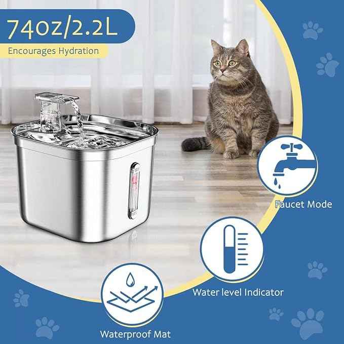 Cat Water Fountain - 2.2L/74oz - Automatic Pet Drinking Fountain for Cats Indoor with Ultra-Quiet Pump (Silver)