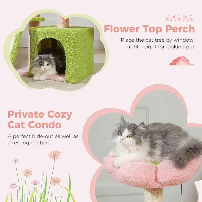 PETEPELA Flower Cat Tree for Indoor Cats, 32'' Small Cat Tower Cat Condo with Sisal Scratching Ramp, Cozy Hammock and Removable Flower Bed Perch for Kittens, Pink