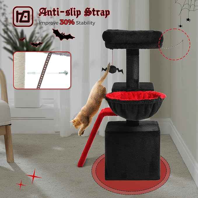 PETEPELA Gothic Cat Tree Tower for Indoor Cats, 31.5'' Small Cat Tower Condo with Sisal Scratching Ramp, Cozy Hammock and Removable Flower Cat Bed Perch for Kittens, Black