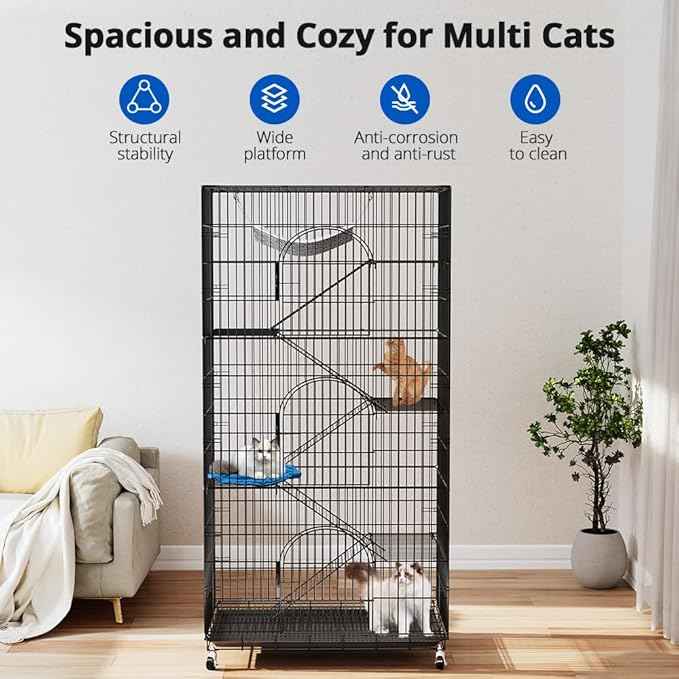 PawGiant 6-Tier Large Cat Cage Playpen, 72-inch Indoor/Outdoor Enclosure with 3 Doors, Hammock, Suitable for Cats, Kittens, and Small Animals