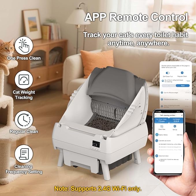 Automatic Cat Litter Box Self Cleaning - App Control, Open-Design, Smart Health Monitor, Suitable for Medium Cats and Kittens, Anti-Pinch Safety, Quiet Operation, A Trusted Companion for Life - White