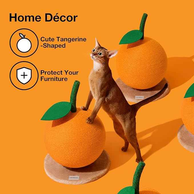 VETRESKA Orange Cat Scratching Post, Cute Cat Scratcher with Jute Rope, Vertical Cat Scratch Post for Indoor Cat and Kitten, Cat Scratching Ball