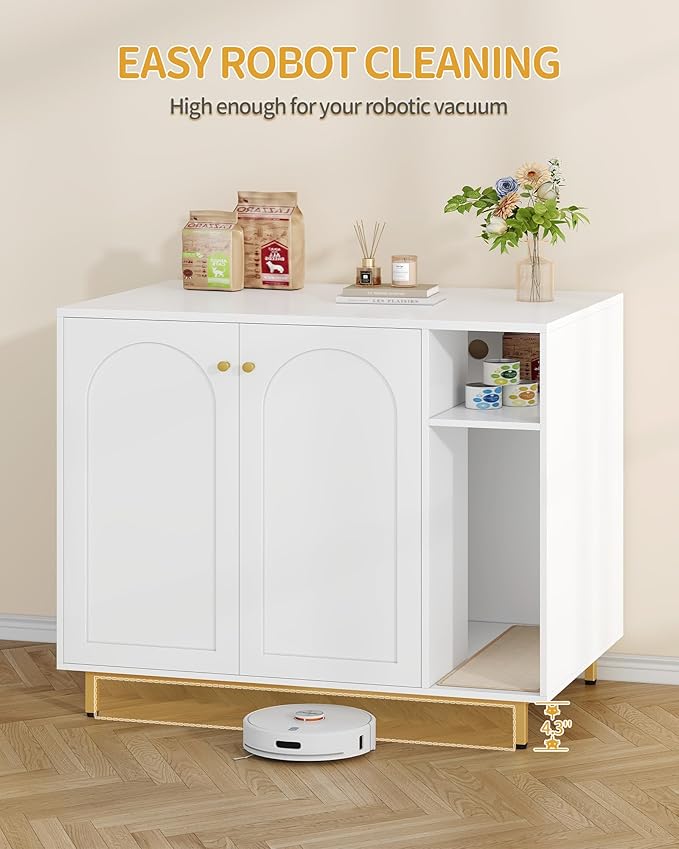 Extra Large Cat Litter Box Enclosure, Automatic Litter Box Furniture with Scratch Pad, Wooden Modern Self-Cleaning Cat Cabinet with Storage, Cats House, End Table, White and Gold CB87103G