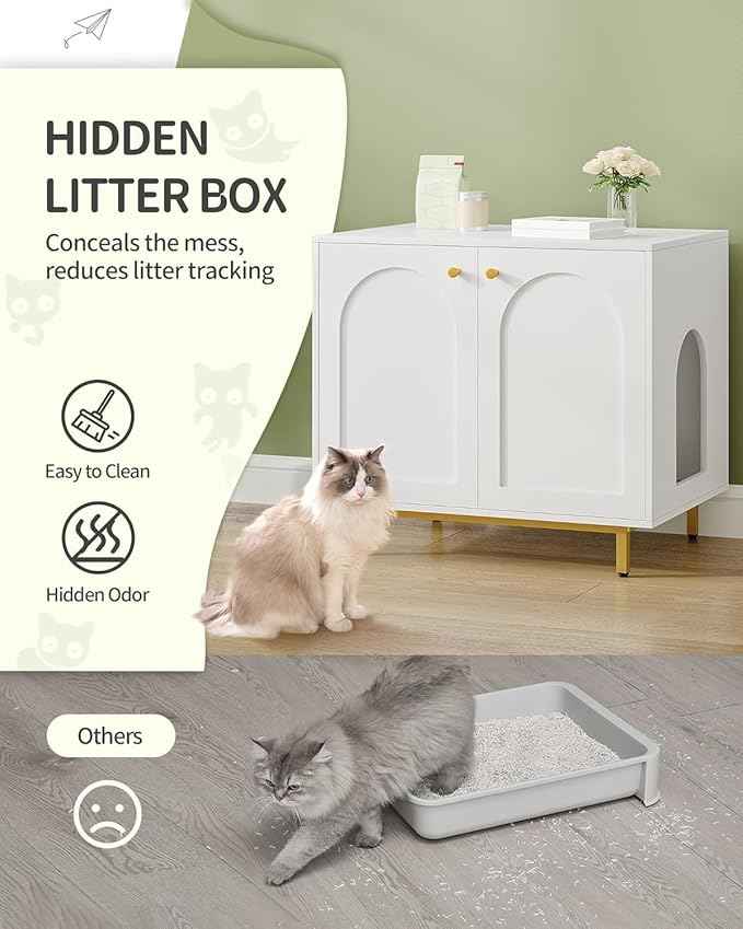 Cat Litter Box Enclosure, Hidden Litter Box Furniture Cabinet, Wooden Indoor Cat House, Side End Table, Living Room, Bedroom, White and Gold CB85003G