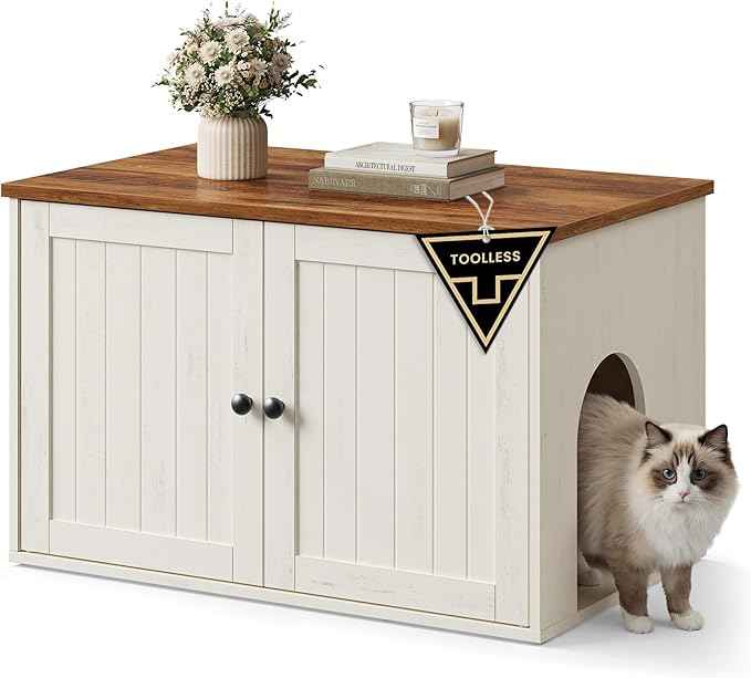 SONGMICS HOME Litter Box Enclosure, Superfast Toolless Assembly, Cat Litter Box Furniture, Push-to-Open Doors, Indoor Cat House, Rustic White and Honey Brown UPCL233WJ04S