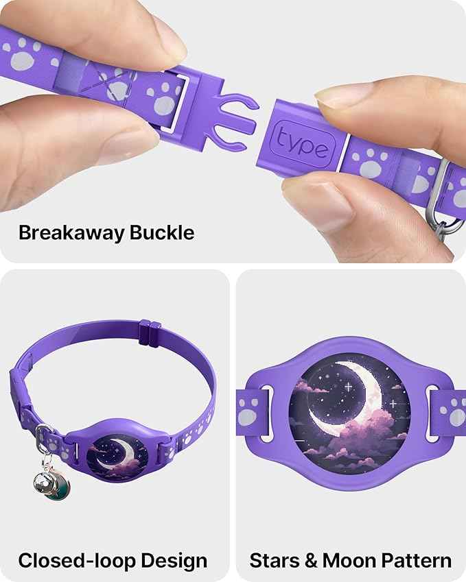 Cat Tracker Collar - Waterproof Airtag Cat Collar with Finder Tag (iOS ONLY), Compatible with Apple Find My, Breakaway Tractive Design with Reflective Pattern & Bell, Purple(Not for Android Devices)