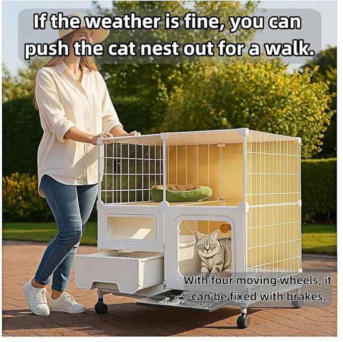 cat cage Indoor with Litter Box, Complimentary Bed, Bowl,Cleaning Three Piece Set,Large cat Enclosure, Cat House with Wheels Outdoor,Small Animal Cage cat Kennel (White, 41.8″(L) x18.1″(W) x32.3″(H))