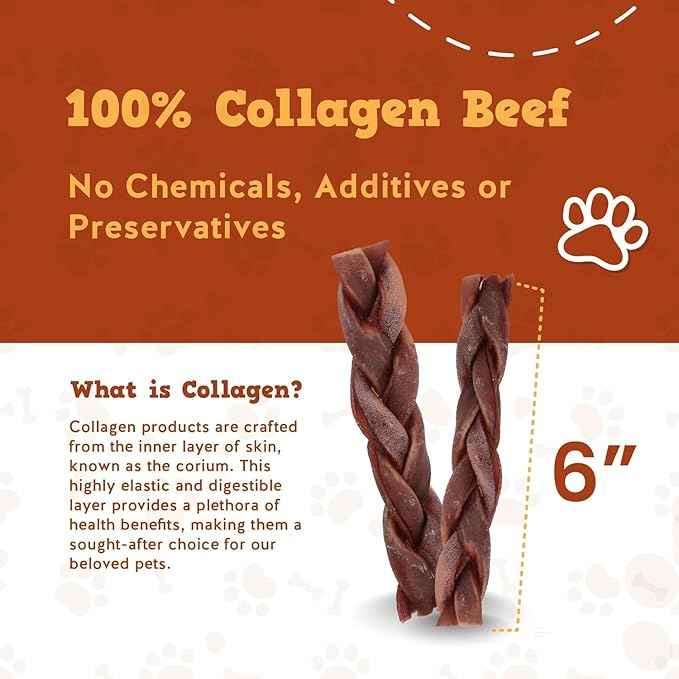 Jack&Pup 6" Braided Beef Collagen Sticks for Dogs - Rawhide Free Dog Chews Long Lasting Collagen Chews for Dogs - Bully Sticks Alternative (1 Pack)
