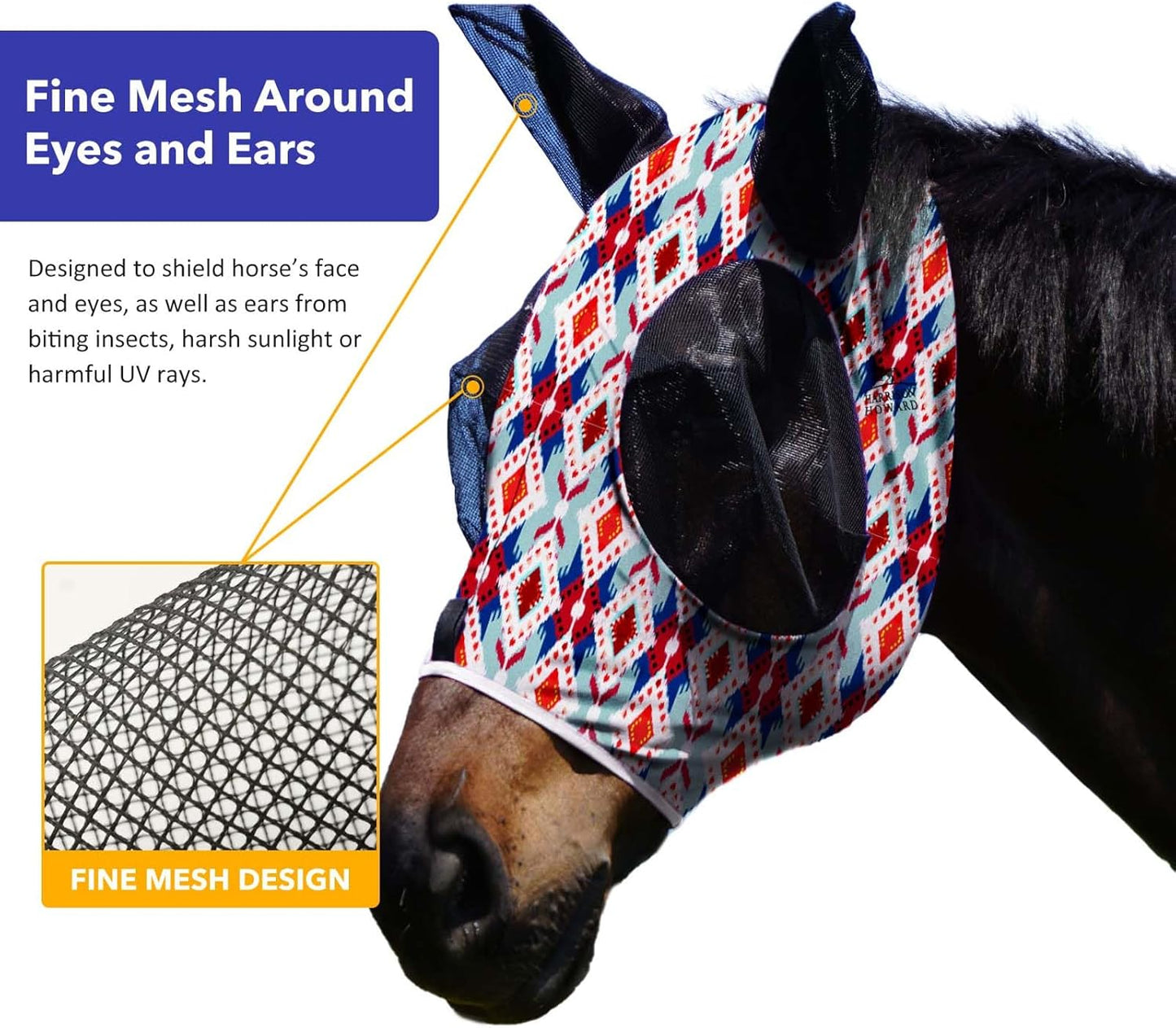 Harrison Howard Super Comfort Stretchy Fitting Horse Fly Mask with UV Protection Soft on Skin with Breathability Tribal Abstract Pony