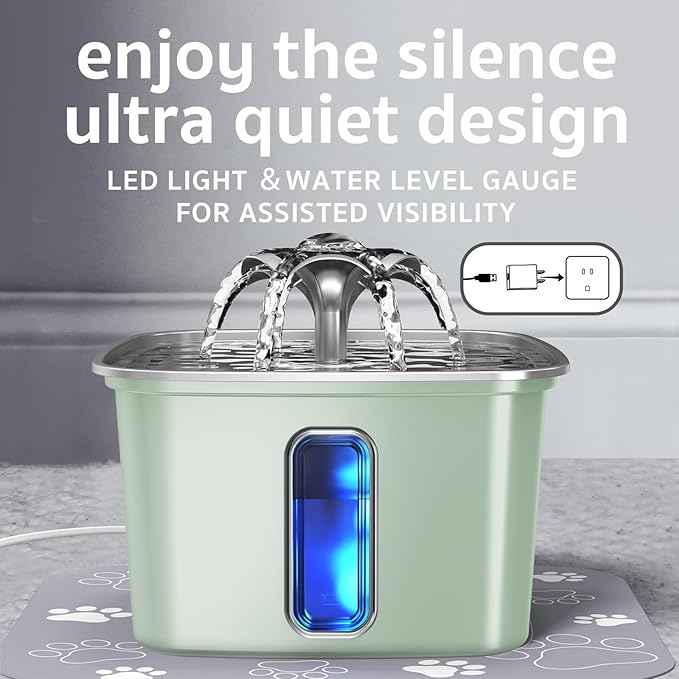 Veken Innovation Award Winner Stainless Steel Cat Water Fountain, 108oz/3.2L Automatic Pet Fountain Dog Water Dispenser with Replacement Filters & Silicone Mat for Cats, Dogs (Tea Green)