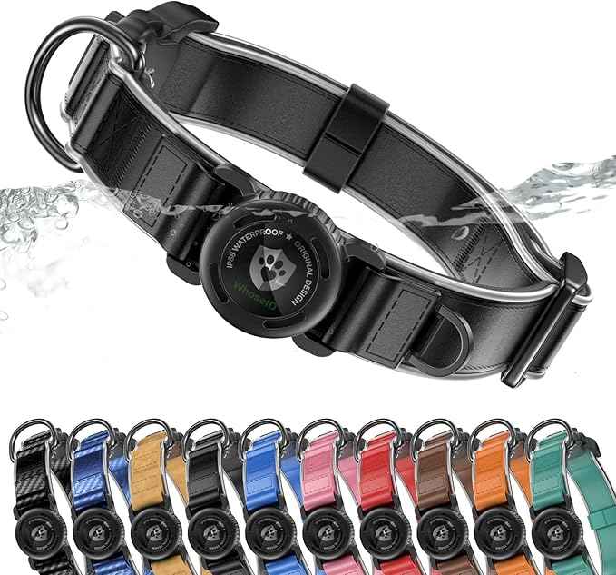WhoseID Premium Leather Dog Collar - AirTag Dog Collar | Fur-Safe Magnetic Buckle | IPX8 Waterproof Reflective Small Dog Collar with AirTag Holder