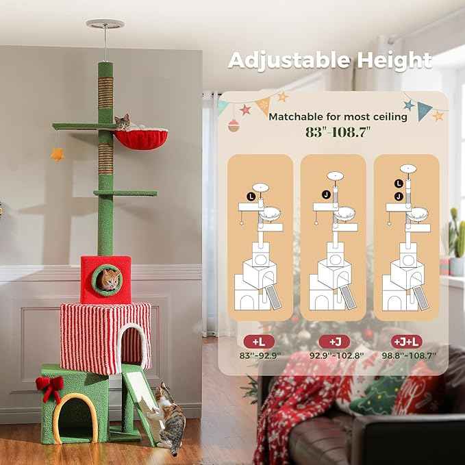 PETEPELA 83-108'' Floor to Ceiling Christmas Cat Tree for Large Indoor Cats, Tall Cat Tower with Adjustable Height with 3 Large Cat Condos, Cozy Hammock, Scratching Posts, Green/Red