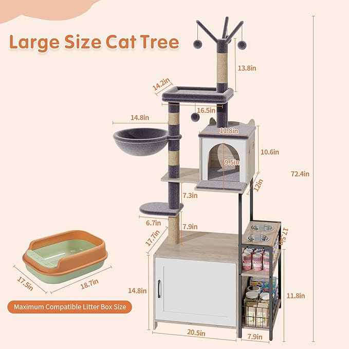 HavenlyYouth Cat Tree with Food Station and Litter Box Enclosure, Multi-Level Cat Tree Tower with Sisal Scratch Posts for Playtime, Plush Hammock in Gray for Cozy