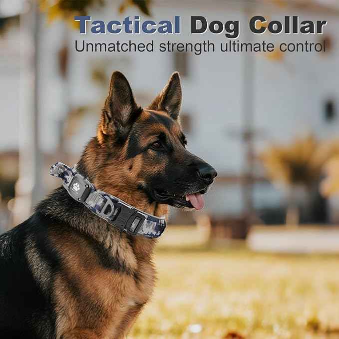 2026 Upgrade Dog Collar with IPX8 Waterproof AirTag Holder,Military Tactical Handle and Ultra-Durable Metal Buckle/Night Reflective,GPS Collar for Medium to Large Dogs (Camouflage Grey/L)