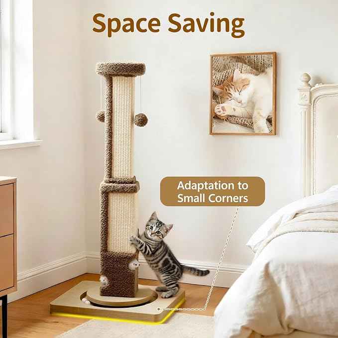 Tall Cat Scratching Post for Large Cats Kittens, 33" Indoor Sisal Vertical Pole Heavy Duty Square Structure with 4 Interactive Mouse Holes and Track Ball Base, Shields Furniture from Scratches