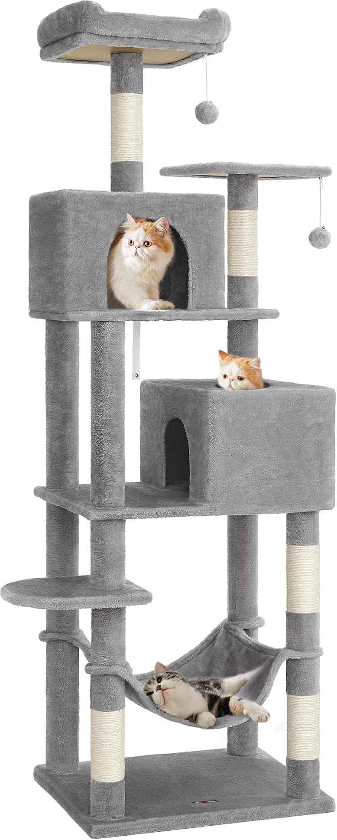 Feandrea Cat Tree, 73.2-Inch Tall Cat Tower, Plush Multi-Level Condo with 5 Scratching Posts, 2 Perches, 2 Caves, Hammock, 2 Pompoms, Light Gray UPCT191W01