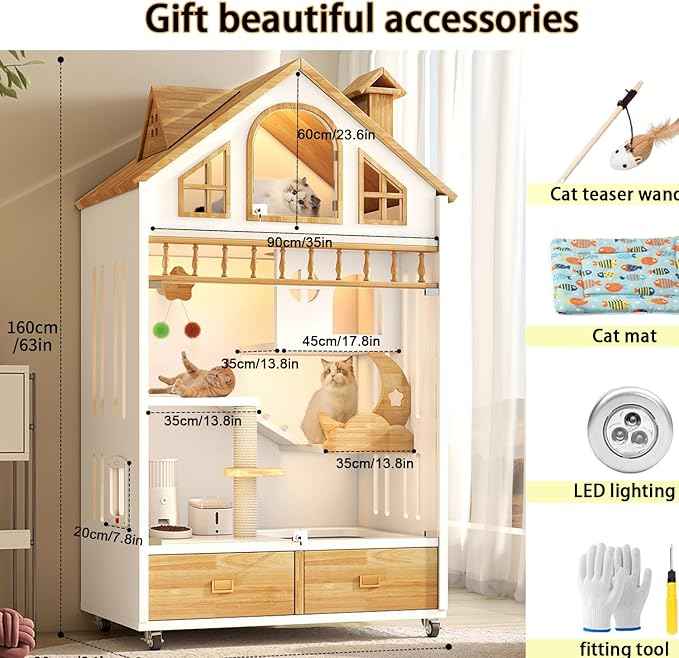 Enclosed Cat Condo, Large Wooden Cats House Indoor Cage Cat Enclosure on Wheels, Multi-Feature Enclosed Condo with Litter Box Drawer for Indoor Cats,63" X 35" X 24" (White, 63" X 35" X 24")