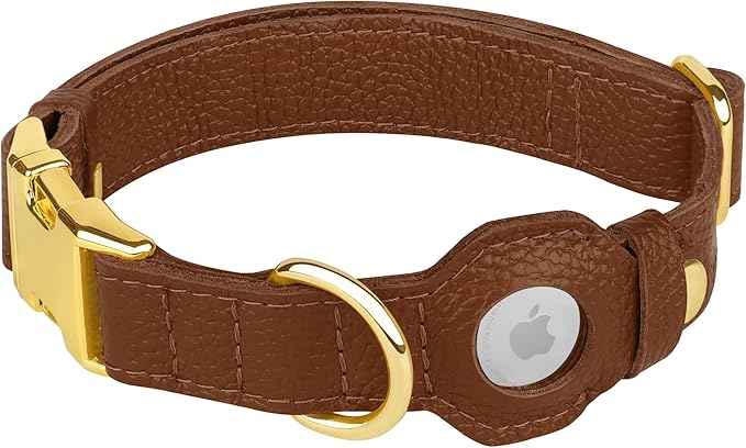 Leather Airtag Dog Collar - Soft Tracking Dog Collar with Apple AirTag Holder and Metal Buckle - Safety GPS Pet Collars for Small Medium Large Dogs Puppy Pink Red (Brown, L, 17"-21" Neck Fit)