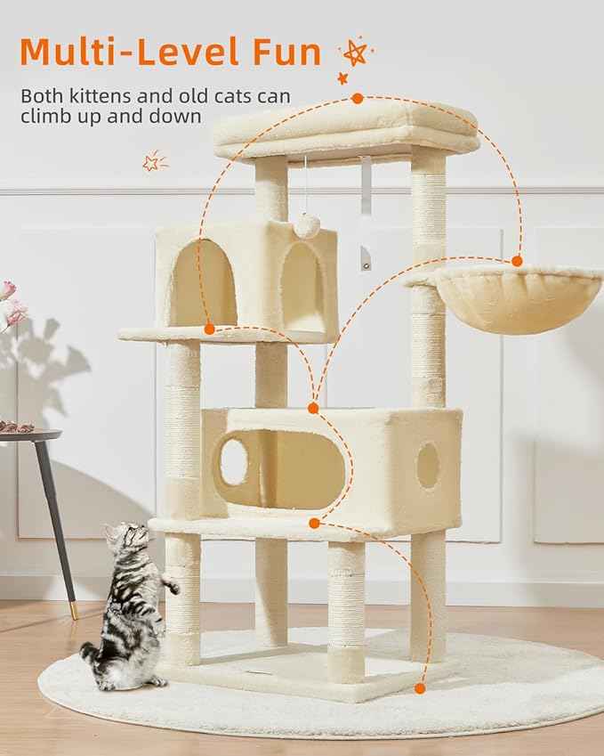 Taoqimiao Cat Tree,49-Inch Cat Tower for Indoor Cats,2 Luxurious cat condo with Adjustable Large Hanging Baskets and Large Luxurious Perch Beige MS029LM