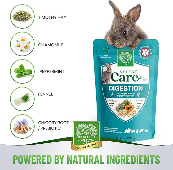 Small Pet Select - Select Care Digestion Support Supplement, Natural High Fiber Timothy Hay Based Treats for Rabbits, Guinea Pigs, Hamsters, Other Small Animals, 4.2 oz