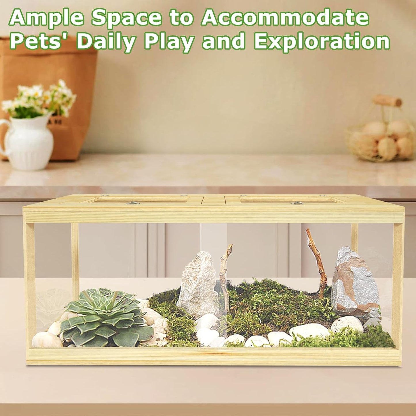 80 Gallon Reptile Tank - 48" Lockable Sliding Door Bearded Dragon & Snake Tank with Metal Mesh Roof, Front Opening Terrarium for Lizards, Leopard Gecko (Wood, 48" x 20" x 20") - FurryFun