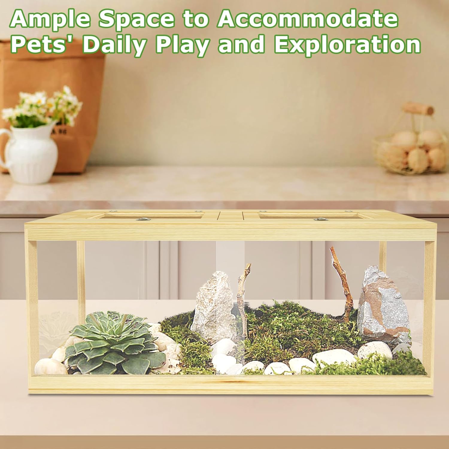 80 Gallon Reptile Tank - 48" Lockable Sliding Door Bearded Dragon & Snake Tank with Metal Mesh Roof, Front Opening Terrarium for Lizards, Leopard Gecko (Wood, 48" x 20" x 20") - FurryFun