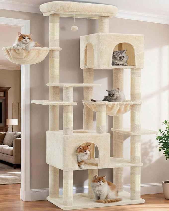 Heybly Cat Tree, 76-Inch Tall Heavy Duty Cat Tower for Big Cats with Extra Wide Baseboard, Multi-Level Large Cat Furniture with 2 Condos & 2 Hammocks, 10 Scratching Posts, Beige HCT039M